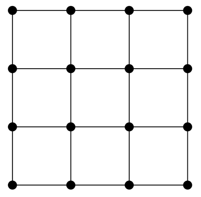 A four by four rectangular network of connected vertices