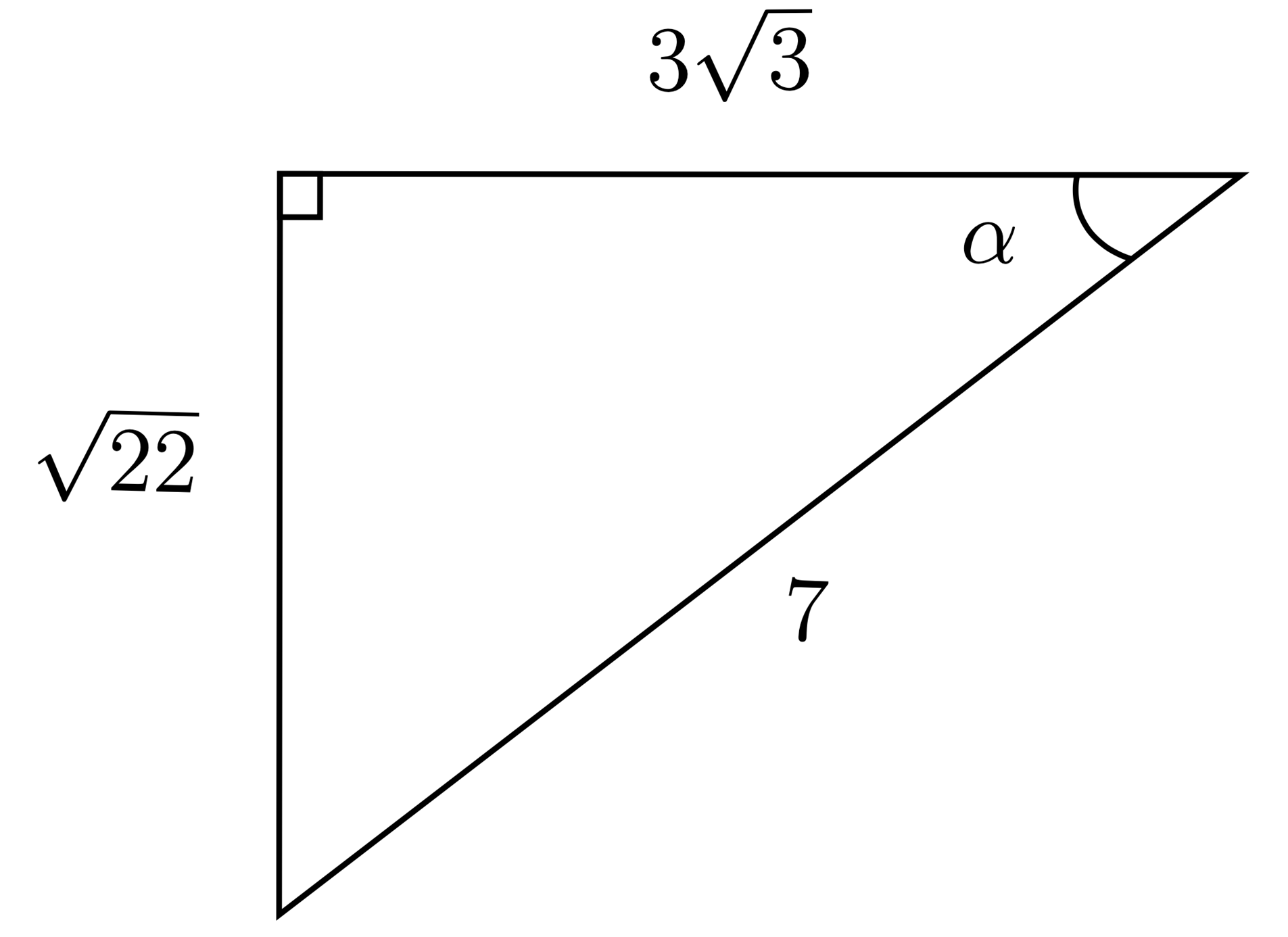 A right triangle with side lengths square root of 22, three square root of 3, and hypotenuse 7 with angle alpha opposite of square root of 22