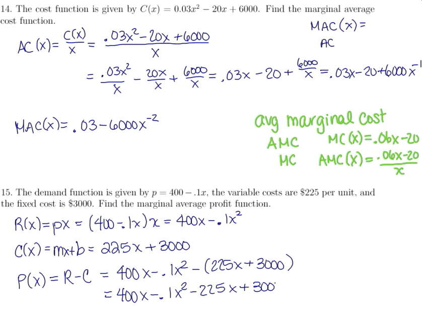 Business Applications of the Derivative (Revenue, Profit, Cost, Demand): MATH 142