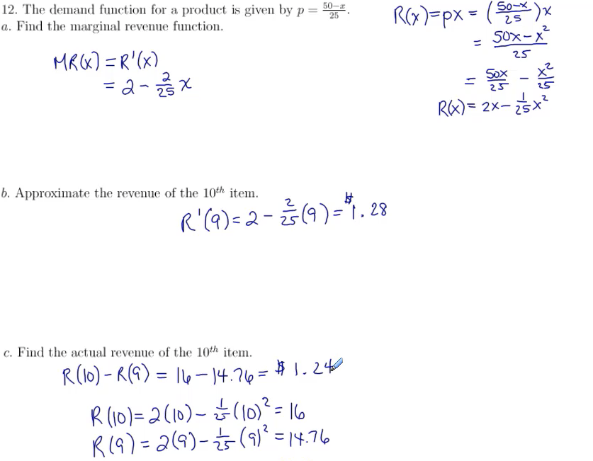 Business Applications of the Derivative (Revenue, Profit, Cost, Demand): MATH 142