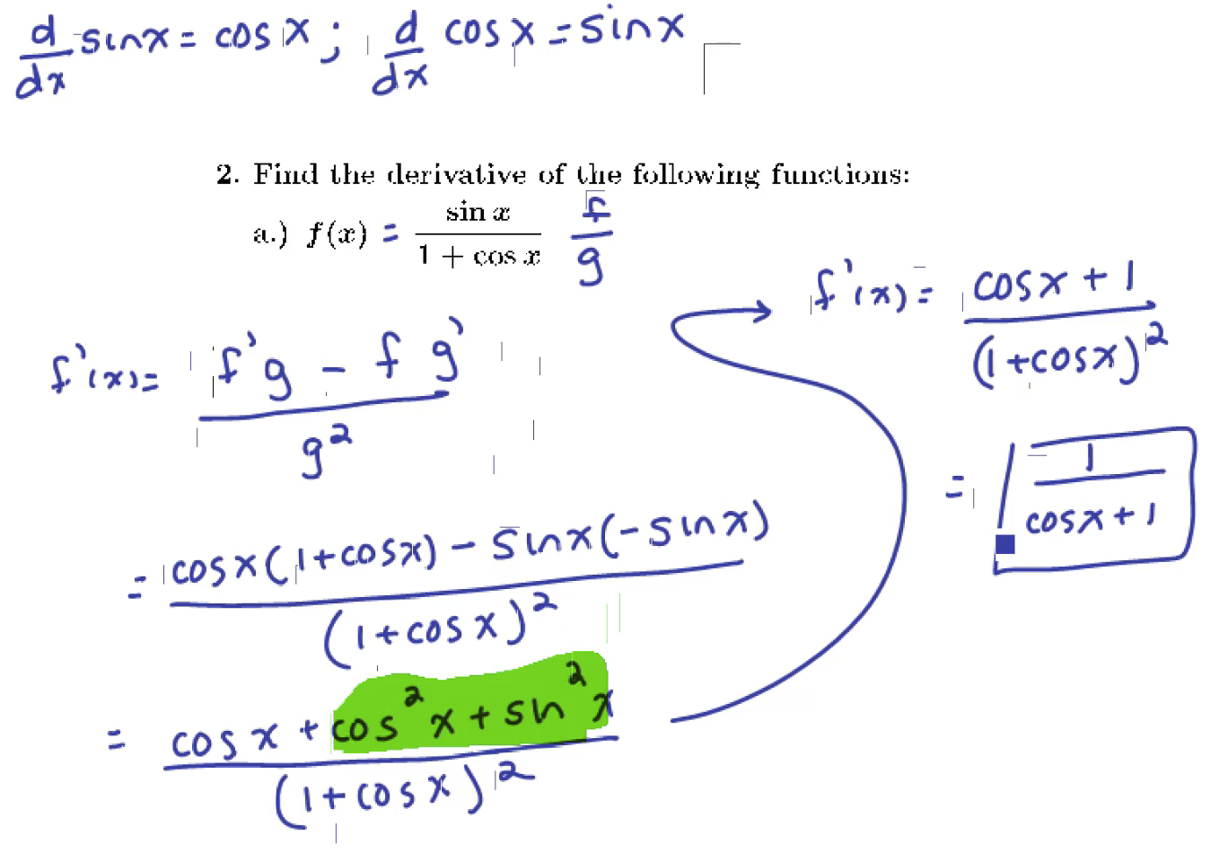 Trigonometry Derivatives and the Chain Rule: MATH 151 Problems 1-9